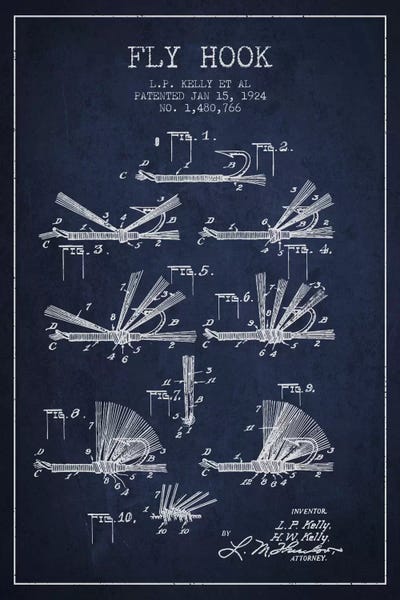 Fishing: Fly Hook Navy Blue Patent Blueprint by Aged Pixel
