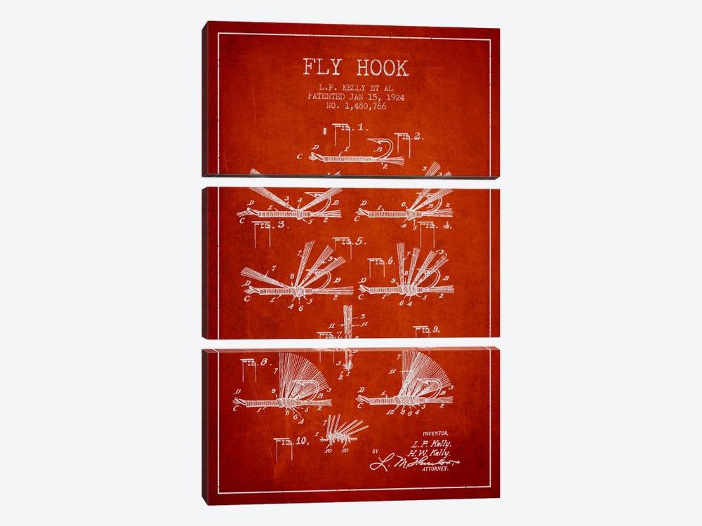 Fly Hook Red Patent Blueprint by Aged Pixel 3-piece Canvas Print