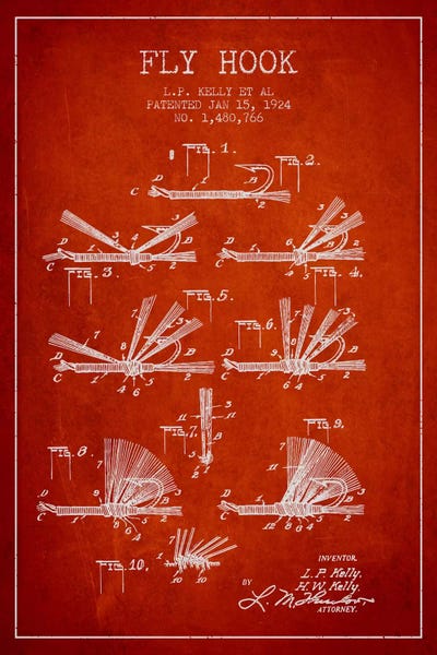 Fishing: Fly Hook Red Patent Blueprint by Aged Pixel