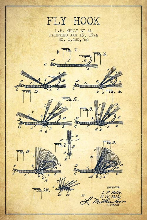 Fly Hook Vintage Patent Blueprint by Aged Pixel wall art
