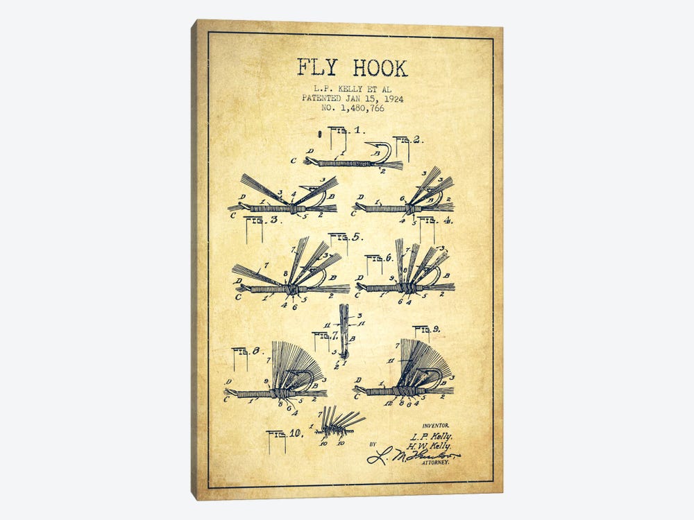 Fly Hook Vintage Patent Blueprint by Aged Pixel 1-piece Canvas Wall Art