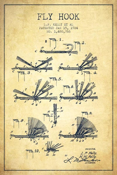 Fishing: Fly Hook Vintage Patent Blueprint by Aged Pixel