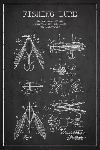 Fishing: Fishing Lure Charcoal Patent Blueprint by Aged Pixel