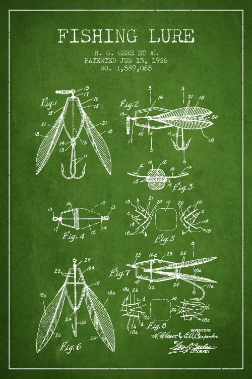 Fishing Lure Green Patent Blueprint by Aged Pixel wall art