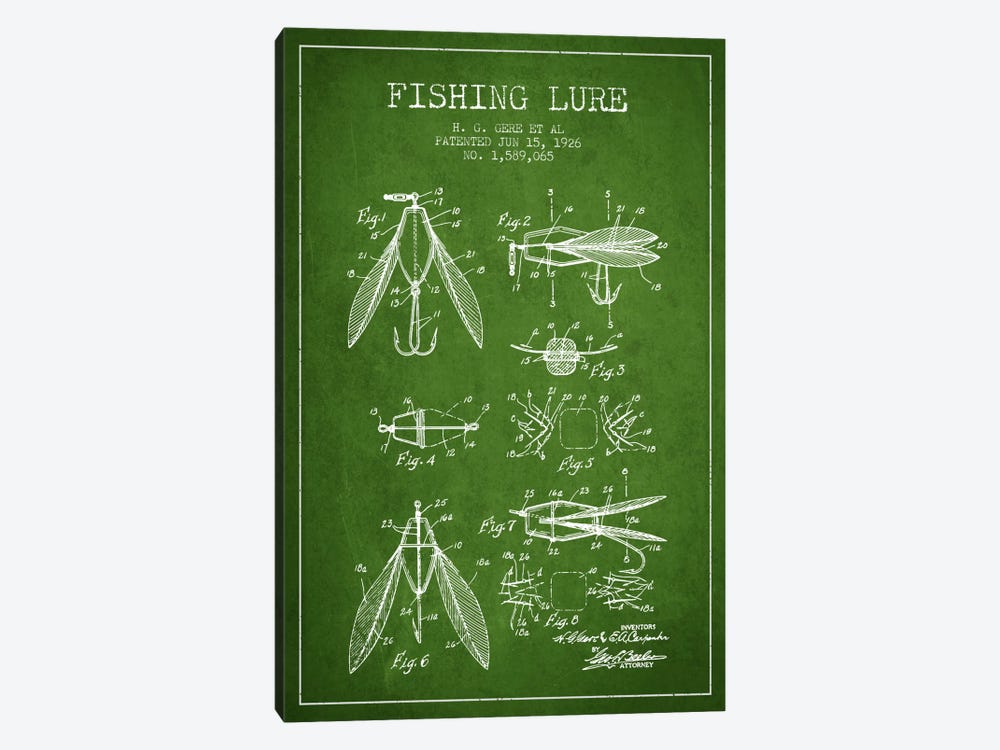 Fishing Lure Green Patent Blueprint by Aged Pixel 1-piece Canvas Wall Art