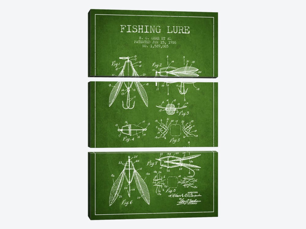 Fishing Lure Green Patent Blueprint by Aged Pixel 3-piece Canvas Artwork