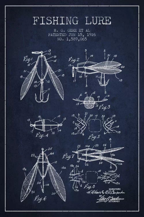 Fishing Lure Navy Blue Patent Blueprint by Aged Pixel wall art