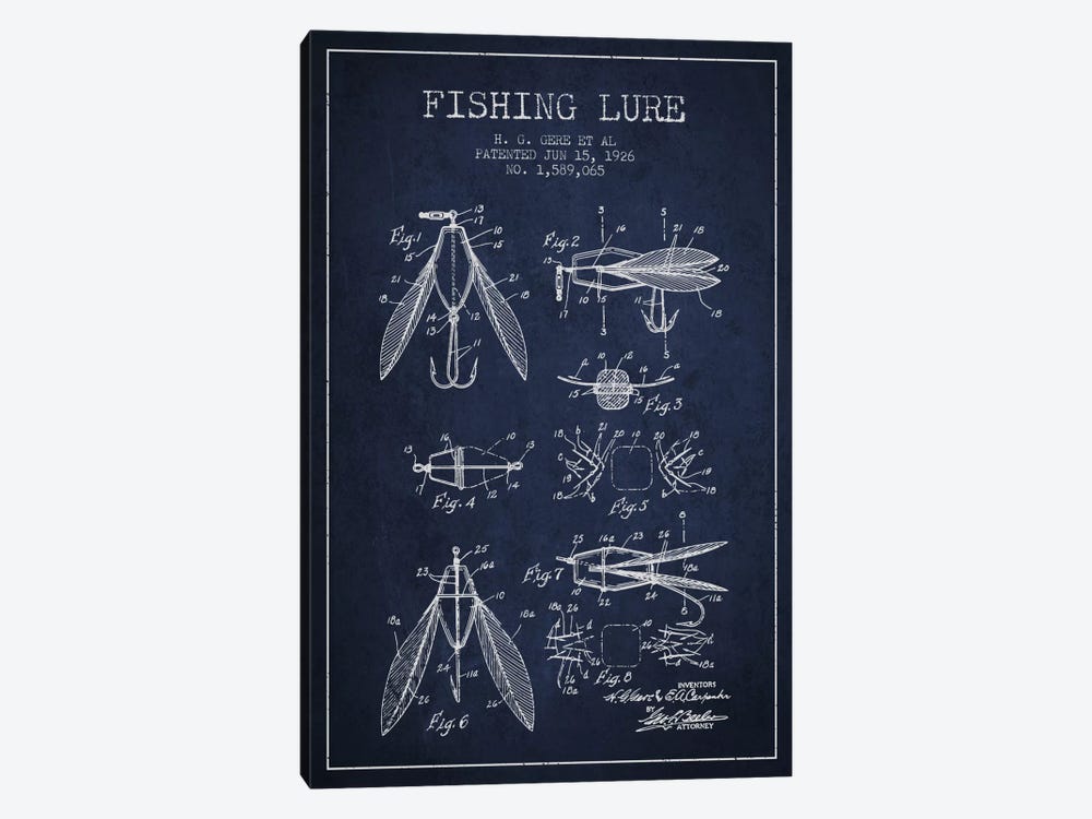 Fishing Lure Navy Blue Patent Blueprint by Aged Pixel 1-piece Art Print