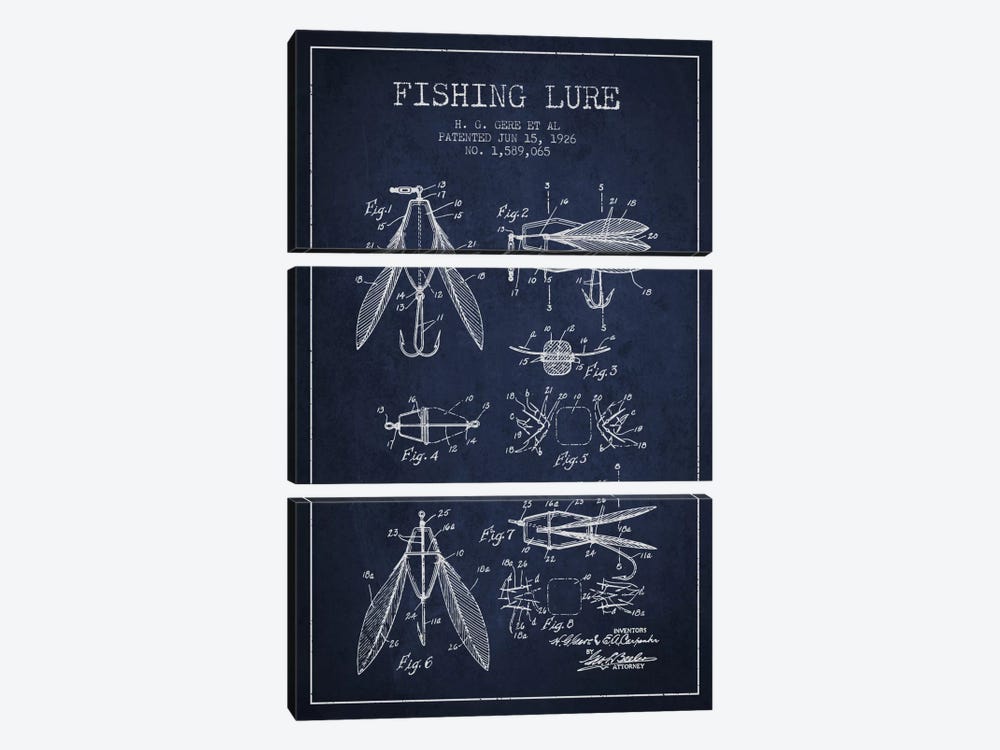 Fishing Lure Navy Blue Patent Blueprint by Aged Pixel 3-piece Canvas Print