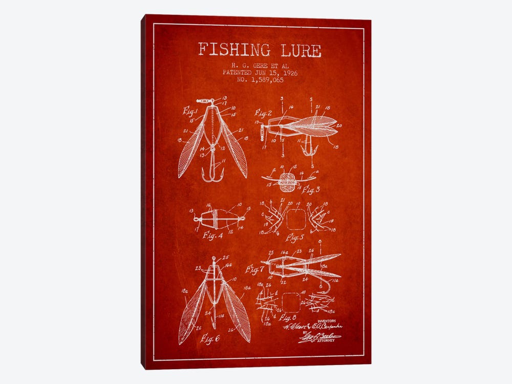 Fishing Lure Red Patent Blueprint by Aged Pixel 1-piece Canvas Wall Art