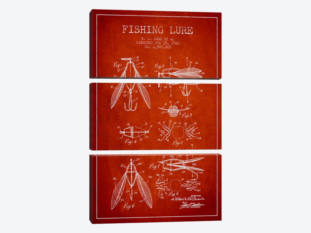 Fishing Lure Red Patent Blueprint by Aged Pixel 3-piece Canvas Artwork