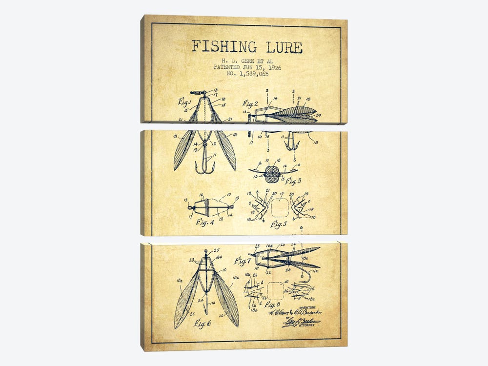 Fishing Lure Vintage Patent Blueprint by Aged Pixel 3-piece Canvas Art Print