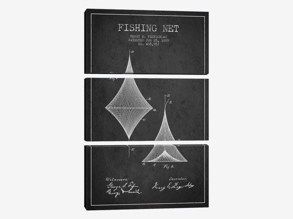 Fishing Net Charcoal Patent Blueprint by Aged Pixel 3-piece Canvas Artwork