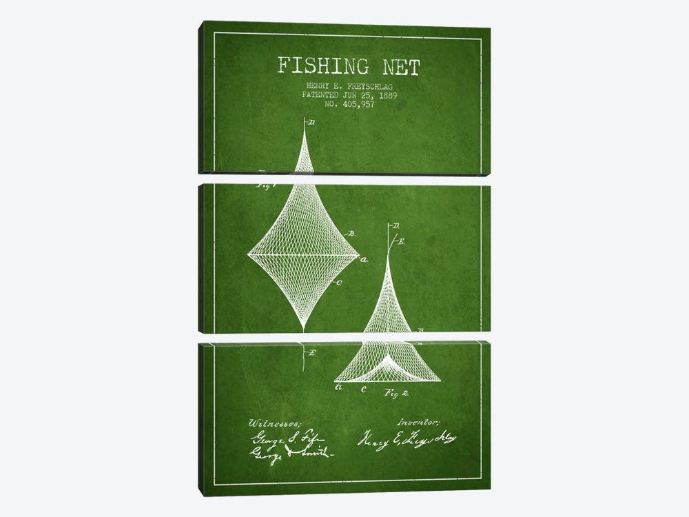 Fishing Net Green Patent Blueprint by Aged Pixel 3-piece Canvas Artwork