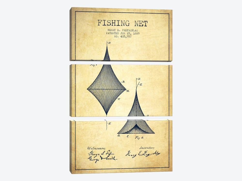 Fishing Net Vintage Patent Blueprint by Aged Pixel 3-piece Canvas Art Print