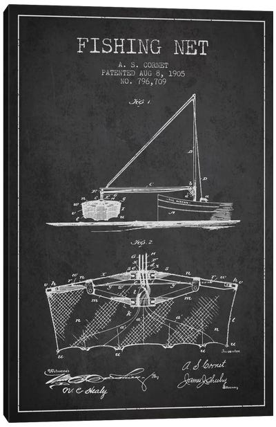Fishing Net Charcoal Patent Blueprint Canvas Art Print - Sports Blueprints