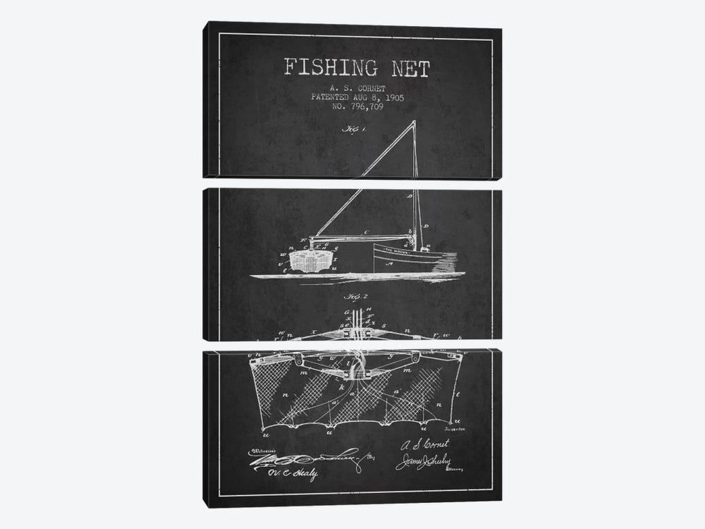 Fishing Net Charcoal Patent Blueprint by Aged Pixel 3-piece Canvas Wall Art