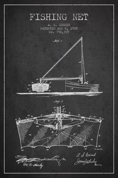 Sports Blueprints: Fishing Net Charcoal Patent Blueprint by Aged Pixel