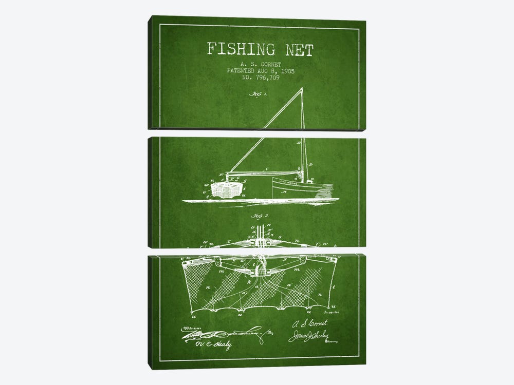 Fishing Net Green Patent Blueprint by Aged Pixel 3-piece Canvas Print