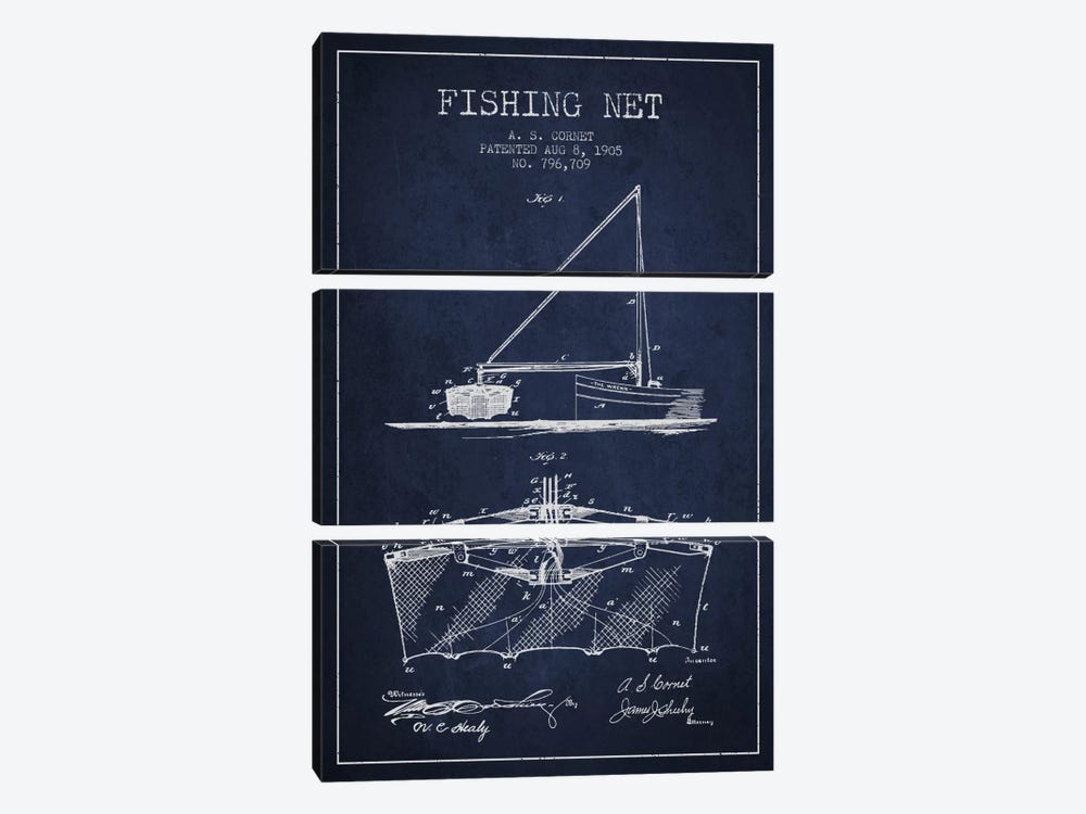 Fishing Net Navy Blue Patent Blueprint by Aged Pixel 3-piece Canvas Art