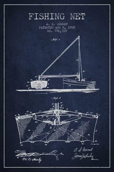 Fishing: Fishing Net Navy Blue Patent Blueprint by Aged Pixel
