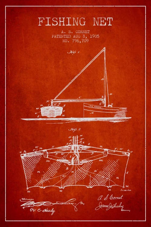 Fishing Net Red Patent Blueprint by Aged Pixel wall art