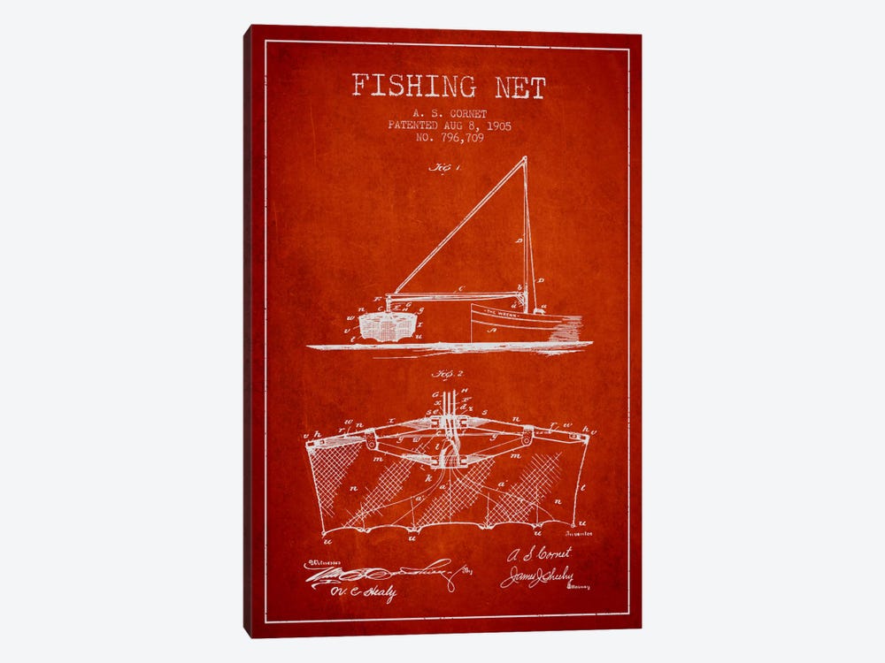 Fishing Net Red Patent Blueprint by Aged Pixel 1-piece Canvas Art Print