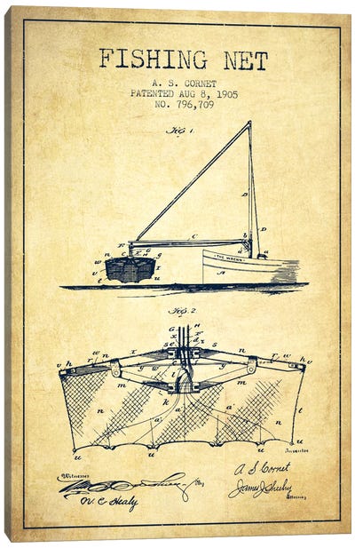 Fishing Net Vintage Patent Blueprint Canvas Art Print - Fishing Art