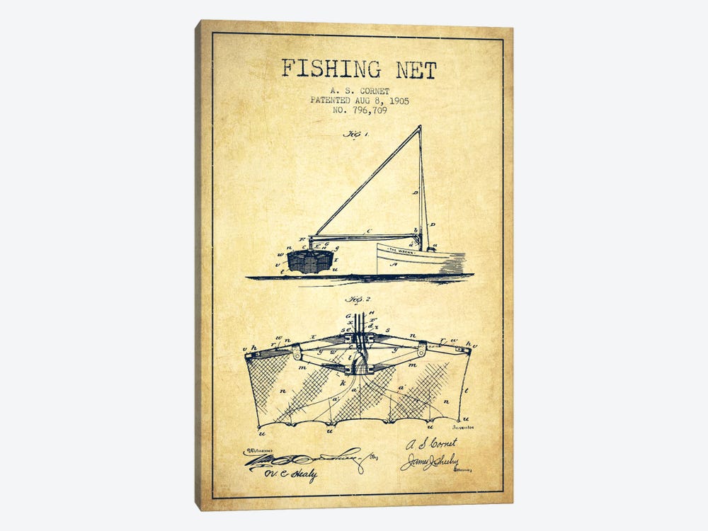 Fishing Net Vintage Patent Blueprint by Aged Pixel 1-piece Canvas Art