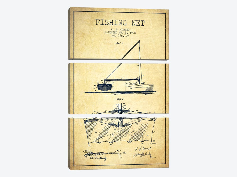Fishing Net Vintage Patent Blueprint by Aged Pixel 3-piece Canvas Art