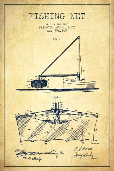 Fishing: Fishing Net Vintage Patent Blueprint by Aged Pixel