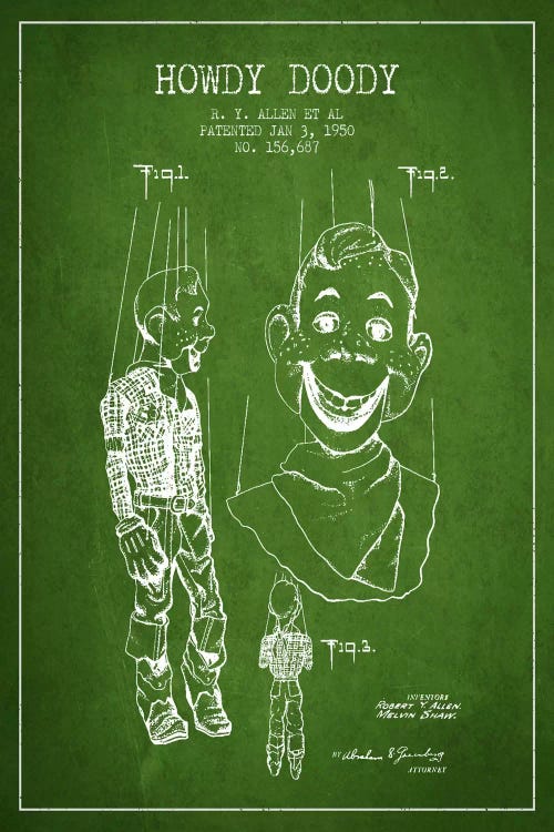 Howdy Doody Green Patent Blueprint by Aged Pixel wall art