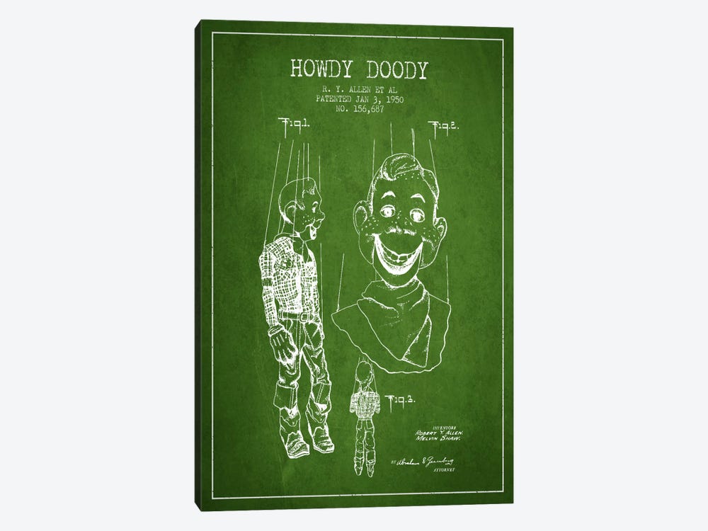 Howdy Doody Green Patent Blueprint by Aged Pixel 1-piece Canvas Art Print