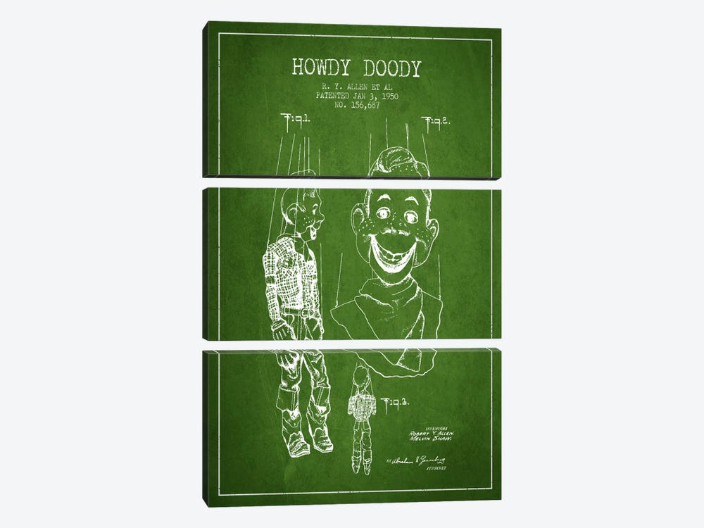 Howdy Doody Green Patent Blueprint by Aged Pixel 3-piece Canvas Art Print