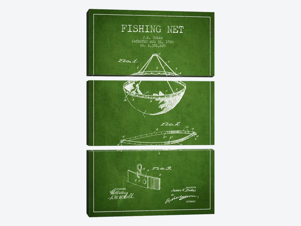 Fishing Net Green Patent Blueprint by Aged Pixel 3-piece Canvas Art Print
