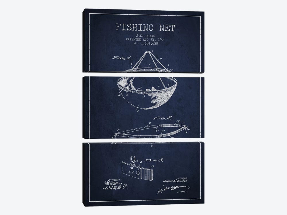 Fishing Net Navy Blue Patent Blueprint by Aged Pixel 3-piece Canvas Art