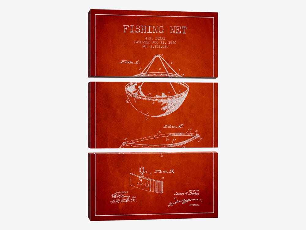 Fishing Net Red Patent Blueprint by Aged Pixel 3-piece Canvas Art Print