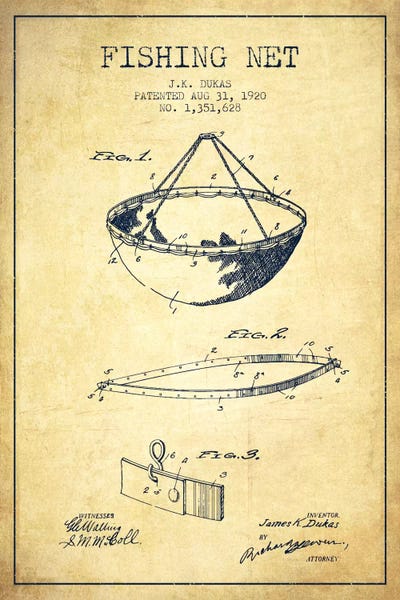 Fishing Net Vintage Patent Blueprint by Aged Pixel canvas print