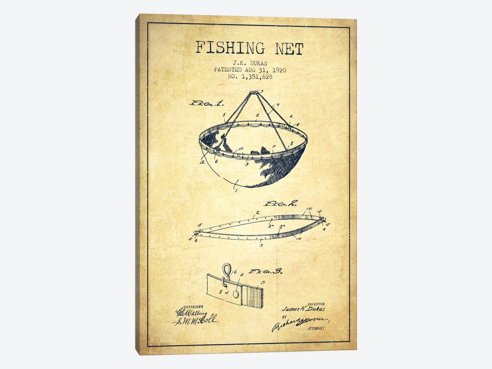Fishing Net Vintage Patent Blueprint by Aged Pixel 1-piece Canvas Art