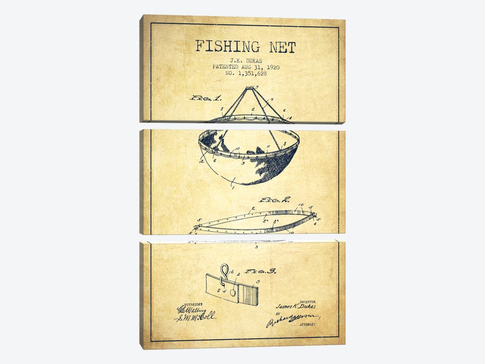 Fishing Net Vintage Patent Blueprint by Aged Pixel 3-piece Canvas Wall Art