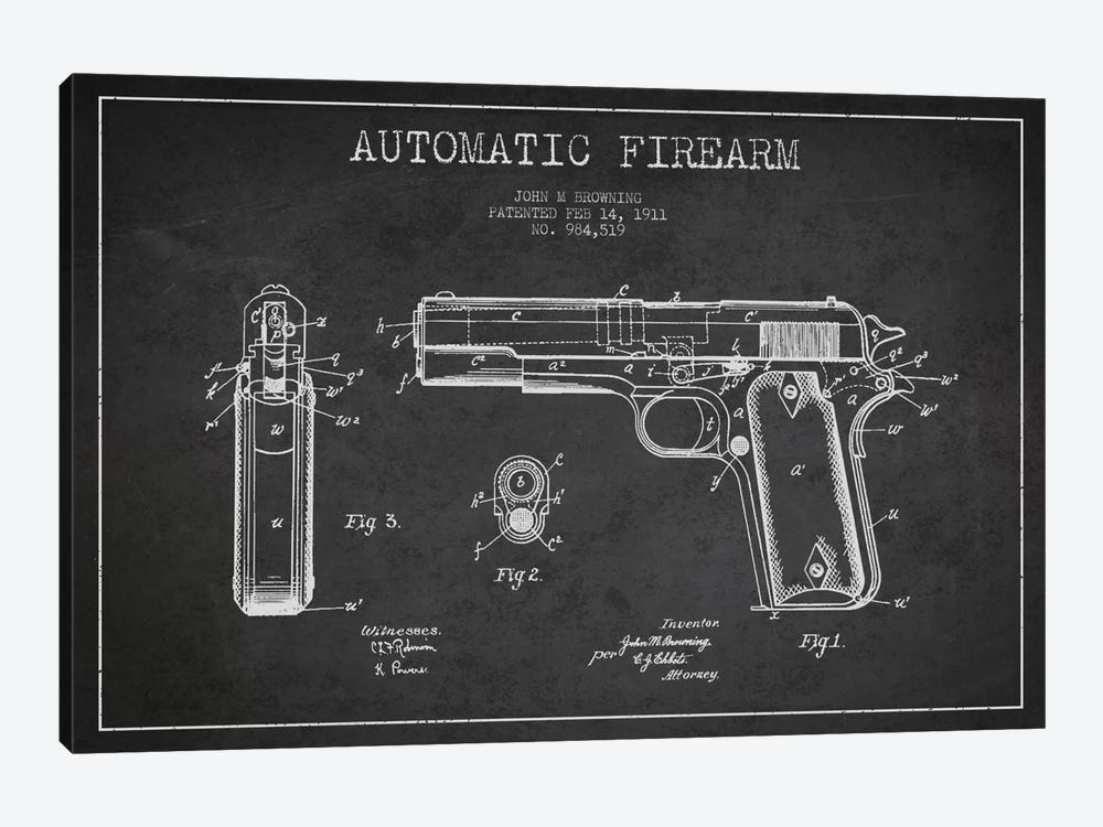 Auto Firearm Charcoal Patent Blueprint by Aged Pixel 1-piece Art Print