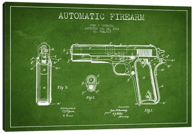 Auto Firearm Green Patent Blueprint Canvas Art Print - Aged Pixel: Weapons