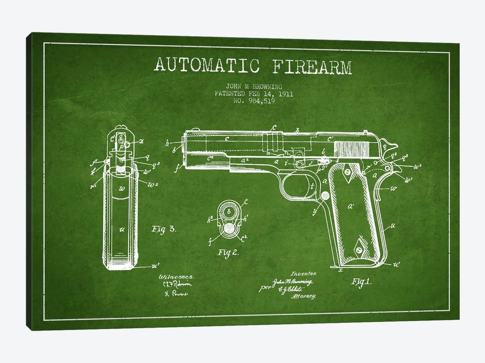Auto Firearm Green Patent Blueprint by Aged Pixel 1-piece Canvas Wall Art