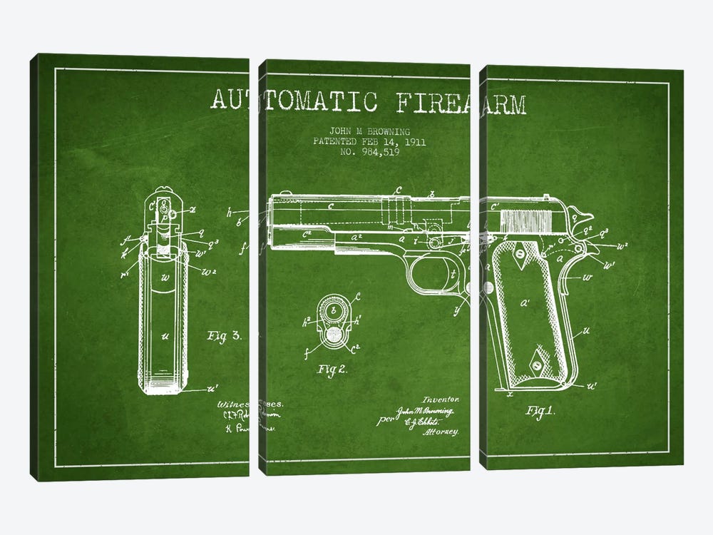Auto Firearm Green Patent Blueprint by Aged Pixel 3-piece Canvas Art