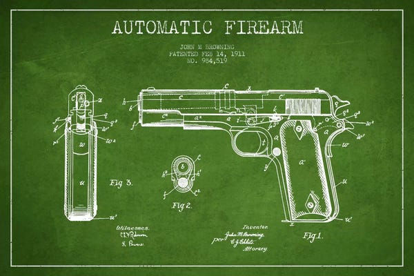 Weapon Blueprints: Auto Firearm Green Patent Blueprint by Aged Pixel