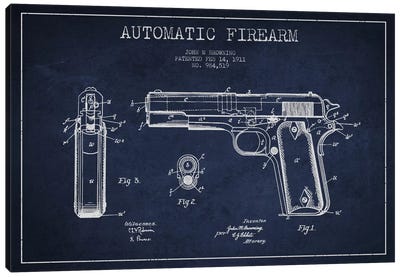 Auto Firearm Navy Blue Patent Blueprint Canvas Art Print - Weapons & Artillery Art