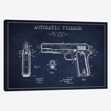 Auto Firearm Navy Blue Patent Blueprint Canvas Print #ADP1286} by Aged Pixel Art Print