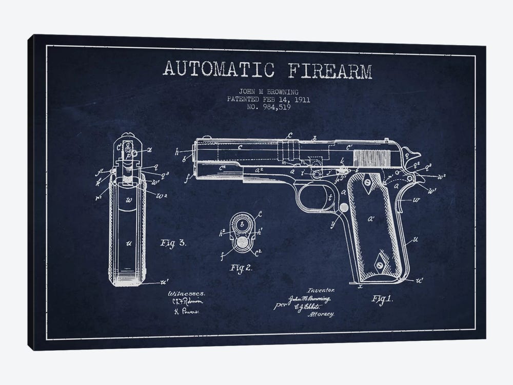 Auto Firearm Navy Blue Patent Blueprint by Aged Pixel 1-piece Canvas Art Print