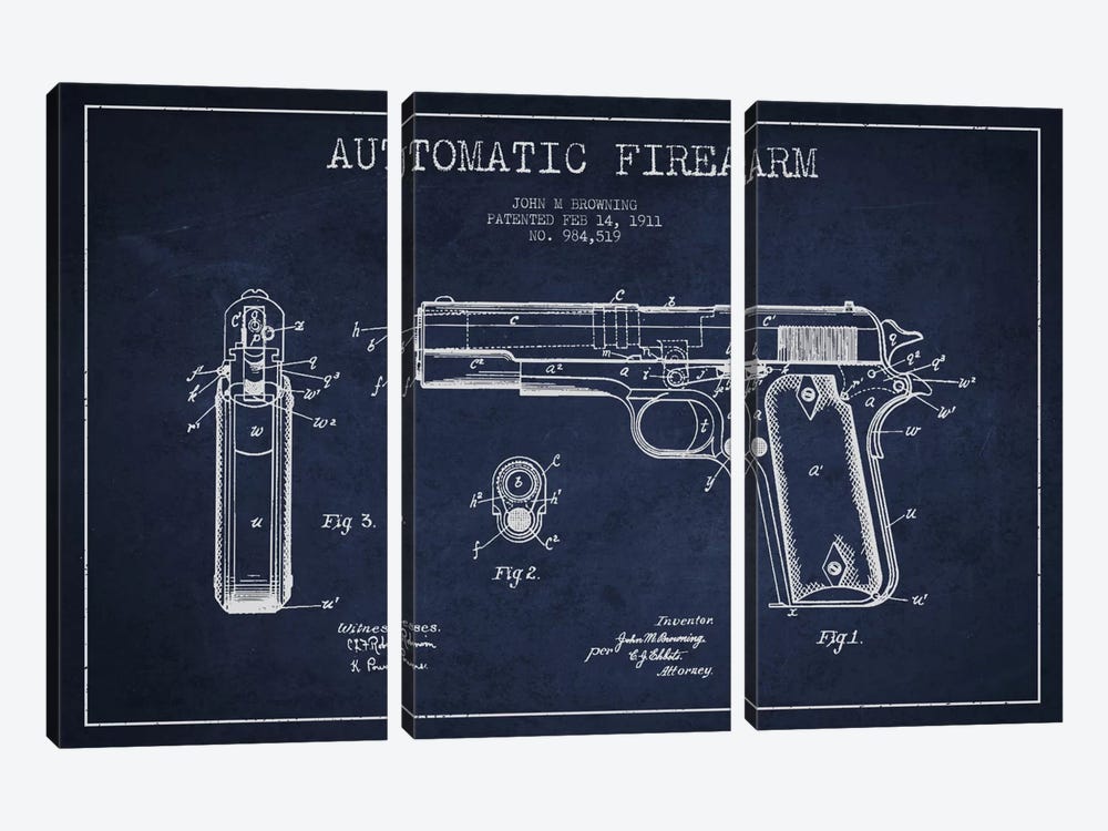 Auto Firearm Navy Blue Patent Blueprint by Aged Pixel 3-piece Art Print