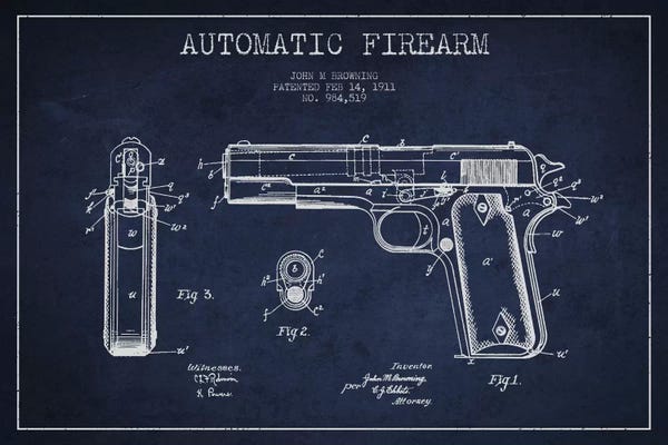 Weapon Blueprints: Auto Firearm Navy Blue Patent Blueprint by Aged Pixel